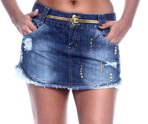 Saia Jeans Denim Sawary Cós Largo Desfiada Strass Tachas 36